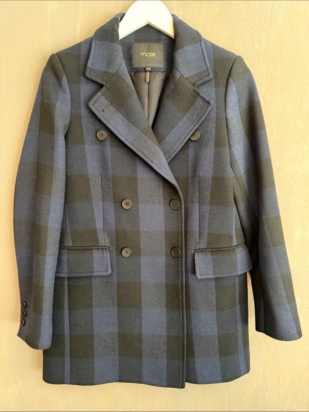 Maje Navy and Black Plaid Double-Breasted Peacoat